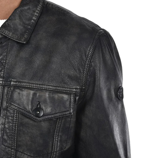 Mens Washed Black Leather Trucker Style Jacket - USA Retro Hide