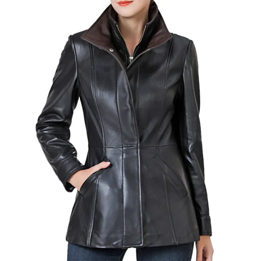 Women’s High-Collar Black Lambskin Leather Jacket with Brown Details
