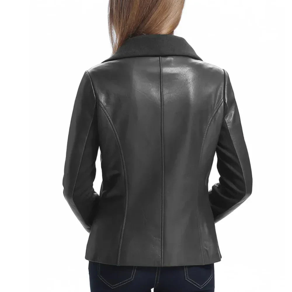Women’s Asymmetrical Black Leather Jacket with Wool Blend Overlay