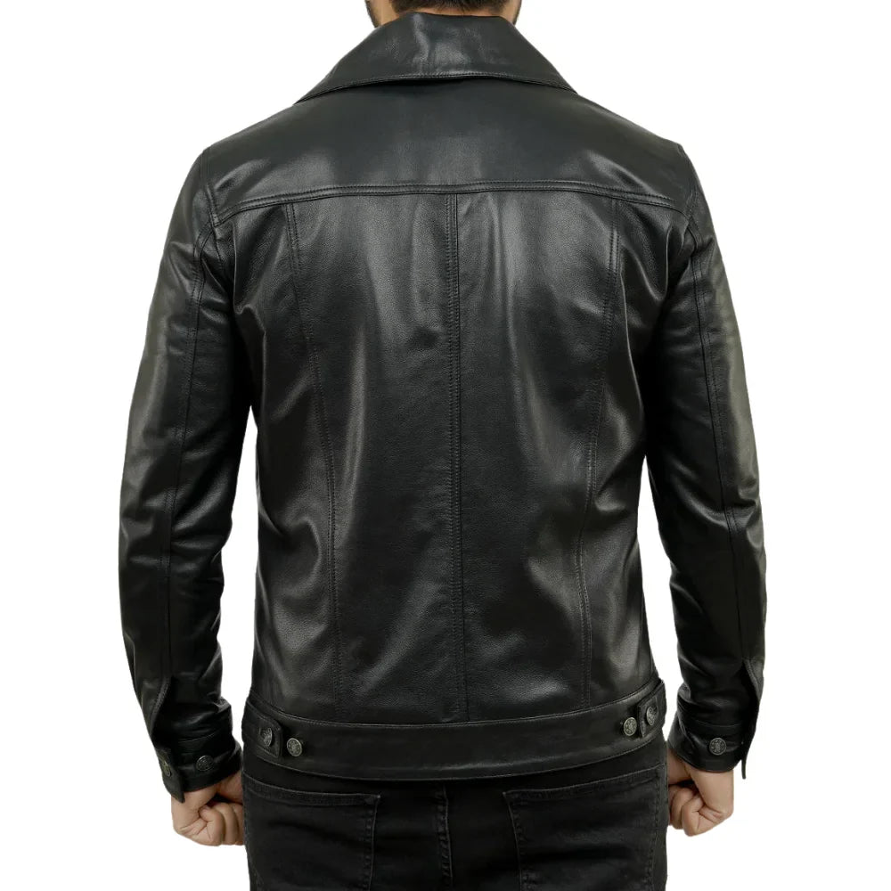 Mens Four Pockets Black Leather Trucker Jacket