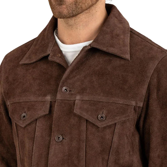 Men's Real Suede Dark Brown Trucker Style Jacket - USA Retro Hide