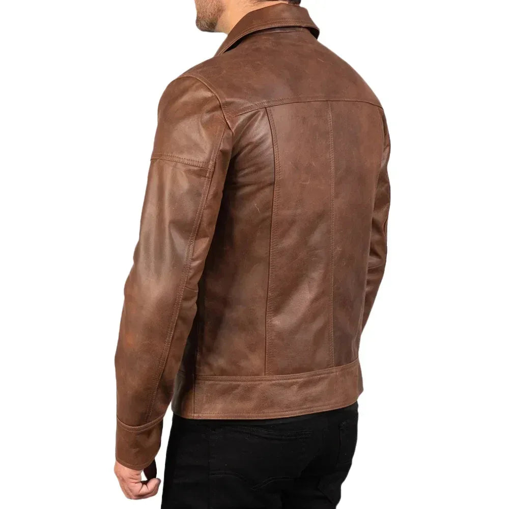 Reeves Men's Brown Shirt Collar Leather Biker Jacket - USA Retro Hide