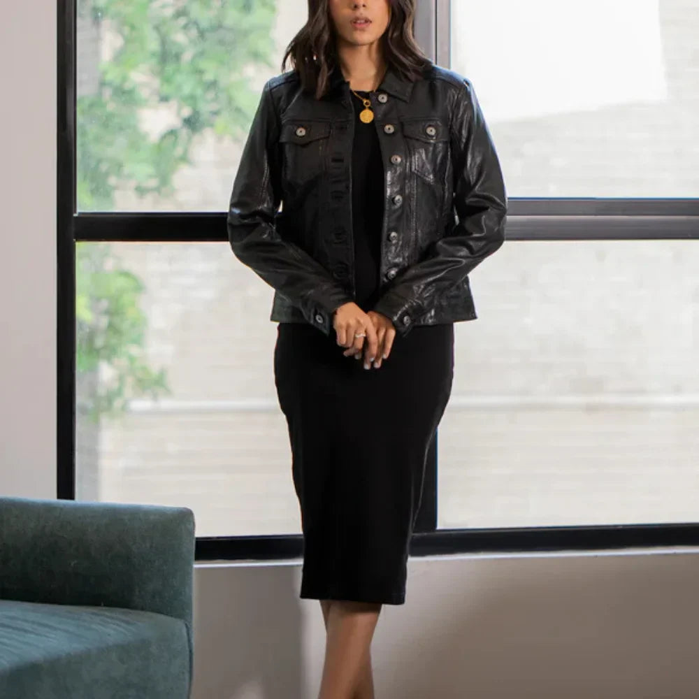 Women’s Classic Black Leather Trucker Jacket