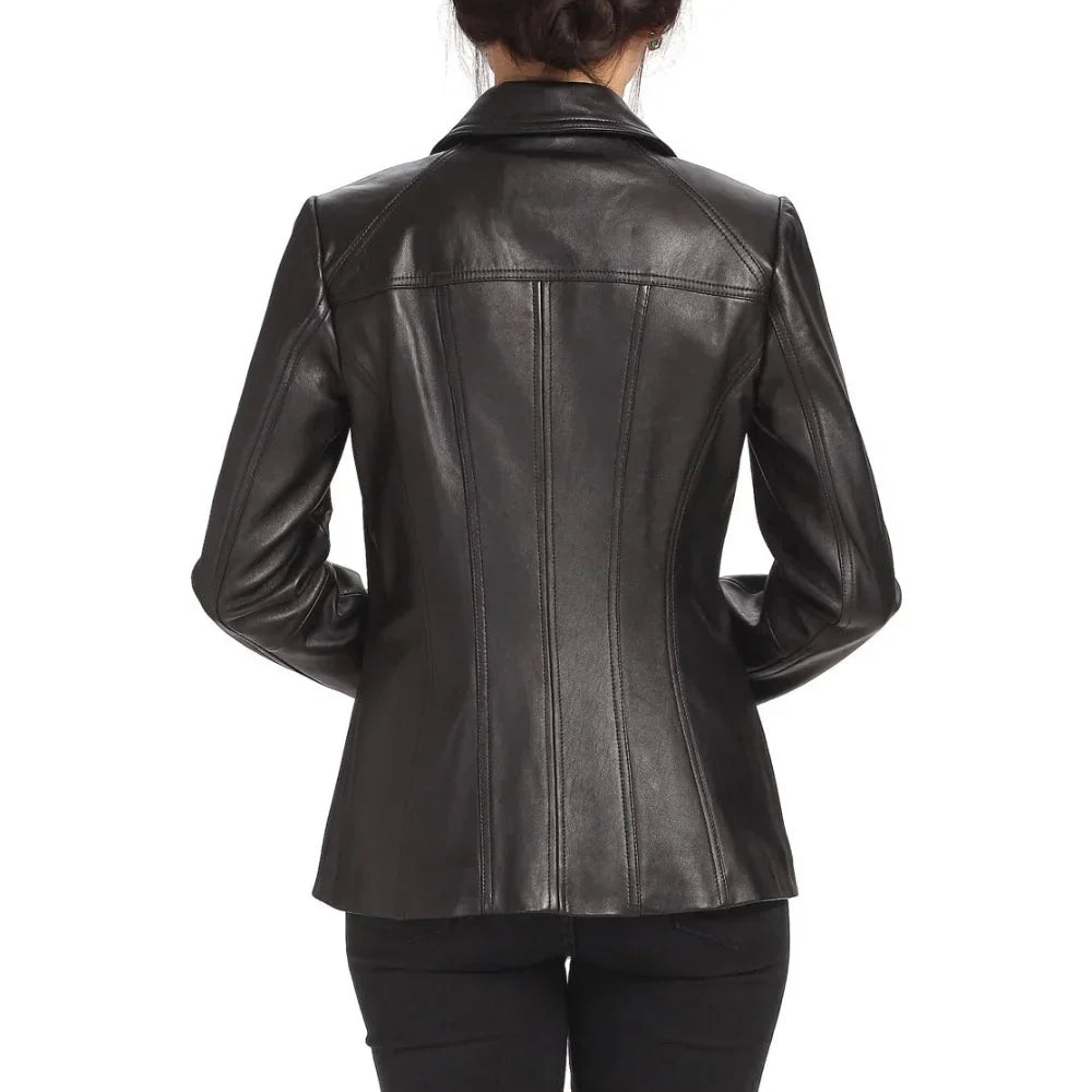 Womens Black Three Quater Long Leather Coat