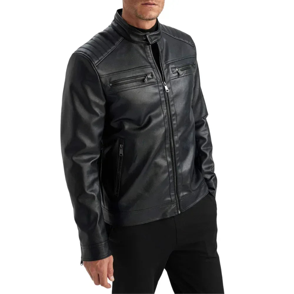 Men's Black Quilted Biker Leather Jacket - USA Retro Hide
