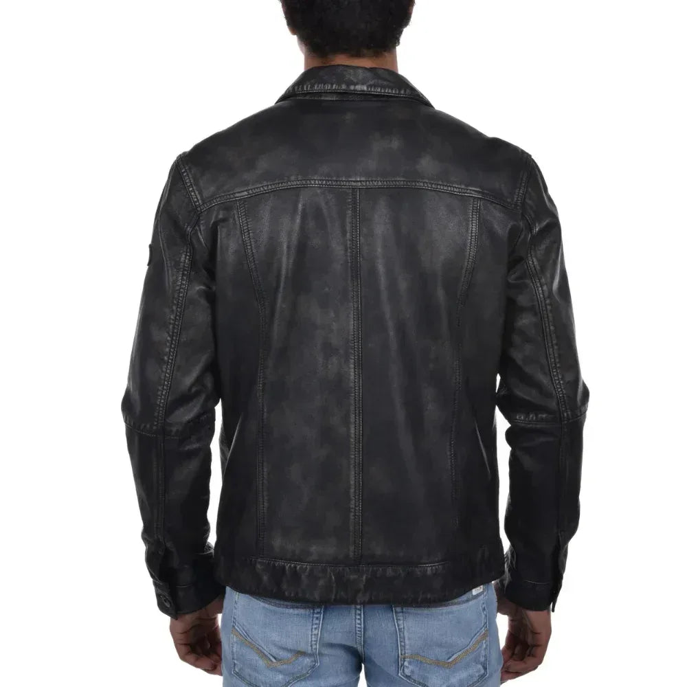 Mens Washed Black Leather Trucker Style Jacket - USA Retro Hide