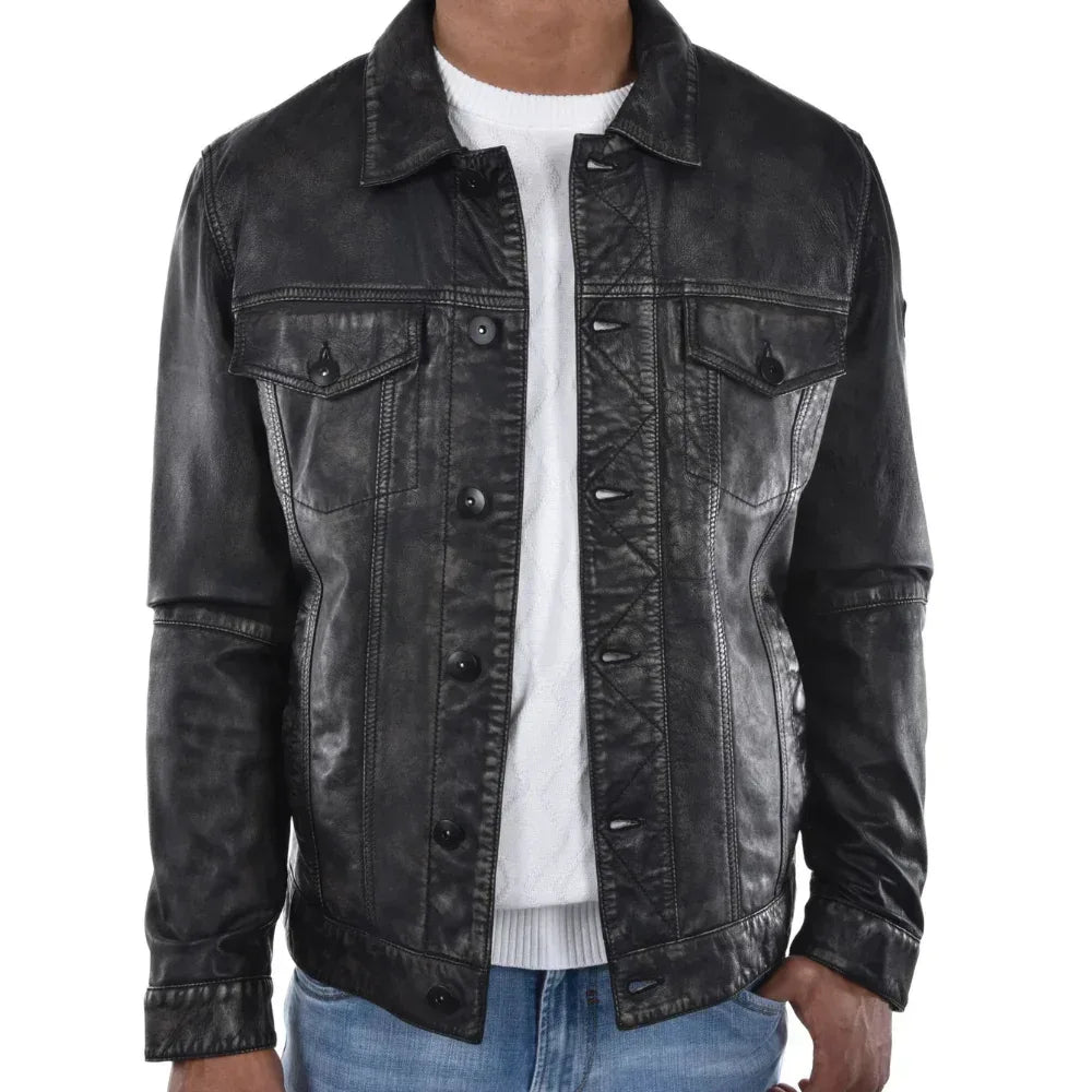 Mens Washed Black Leather Trucker Style Jacket - USA Retro Hide