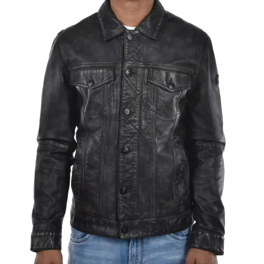Mens Washed Black Leather Trucker Style Jacket - USA Retro Hide