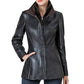 Women’s High-Collar Black Lambskin Leather Jacket with Brown Details