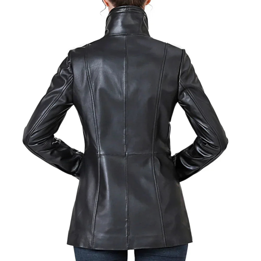 Women’s High-Collar Black Lambskin Leather Jacket with Brown Details