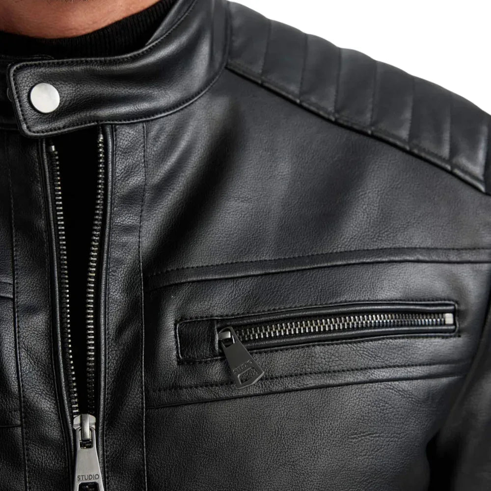 Men's Black Quilted Biker Leather Jacket - USA Retro Hide
