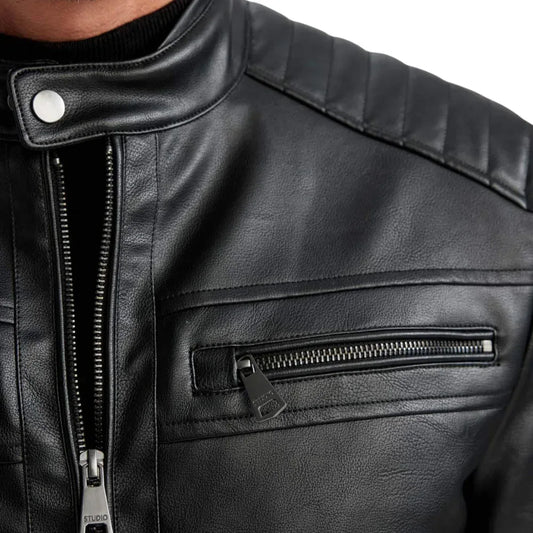 Men's Black Quilted Biker Leather Jacket - USA Retro Hide