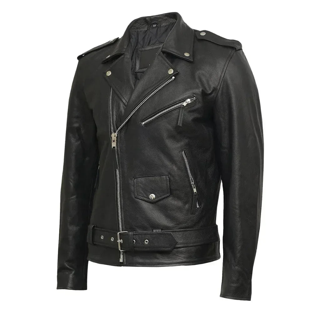 Negan Men's Black Asymmetrical Belted Biker Style Leather Jacket - USA Retro Hide