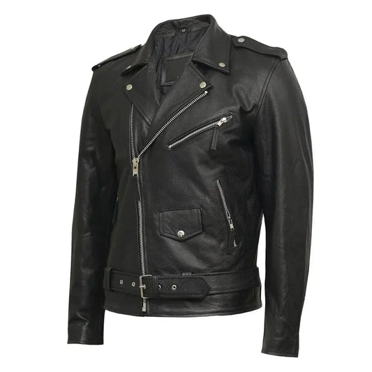 Negan Men's Black Asymmetrical Belted Biker Style Leather Jacket - USA Retro Hide