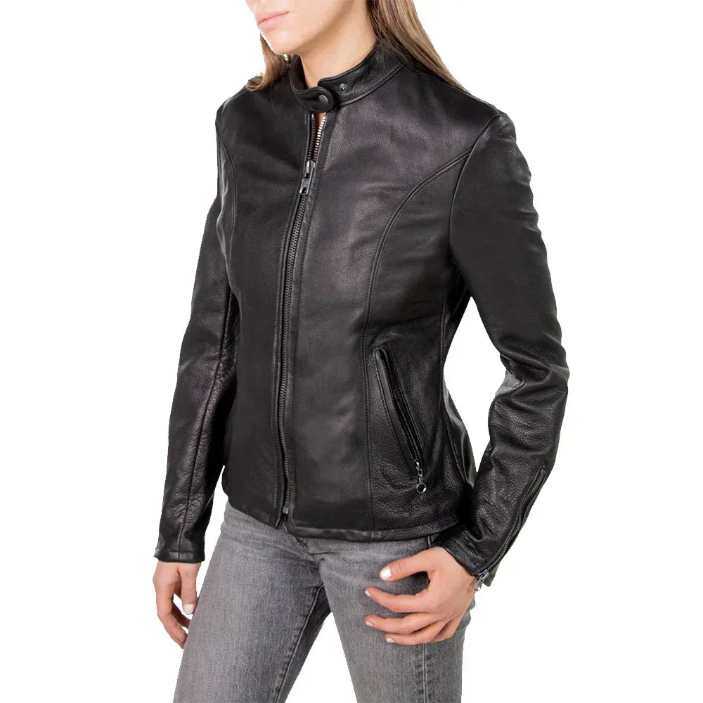 Women's Black Lambskin Leather Biker Style Jacket - USA Retro Hide