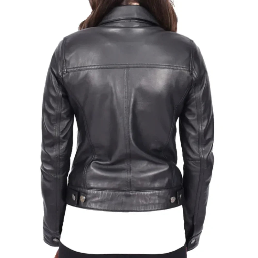 Women’s Classic Black Leather Trucker Jacket