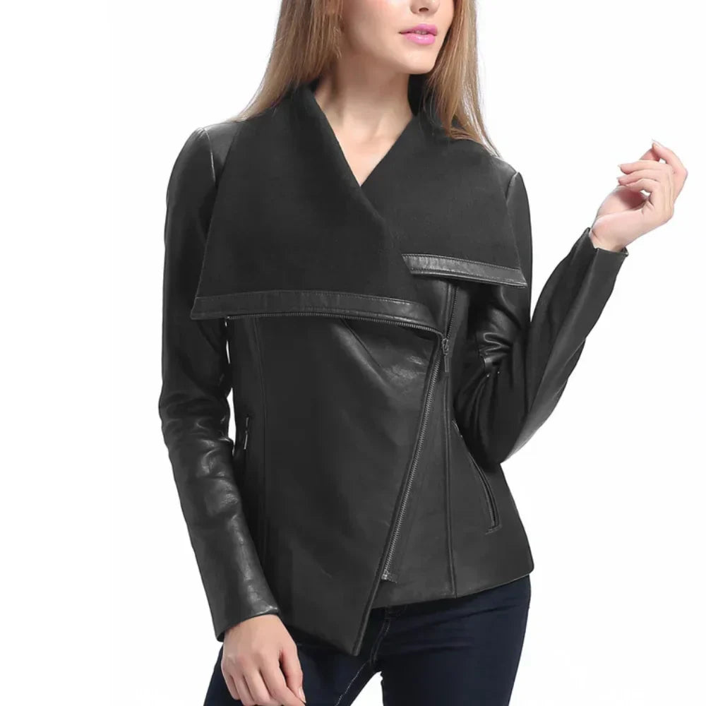 Women’s Asymmetrical Black Leather Jacket with Wool Blend Overlay