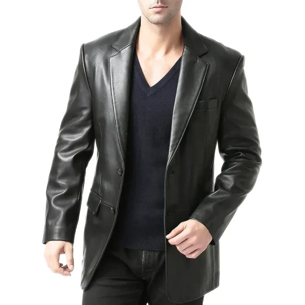Men's Black Two Button Real Leather Blazer Jacket - USA Retro Hide