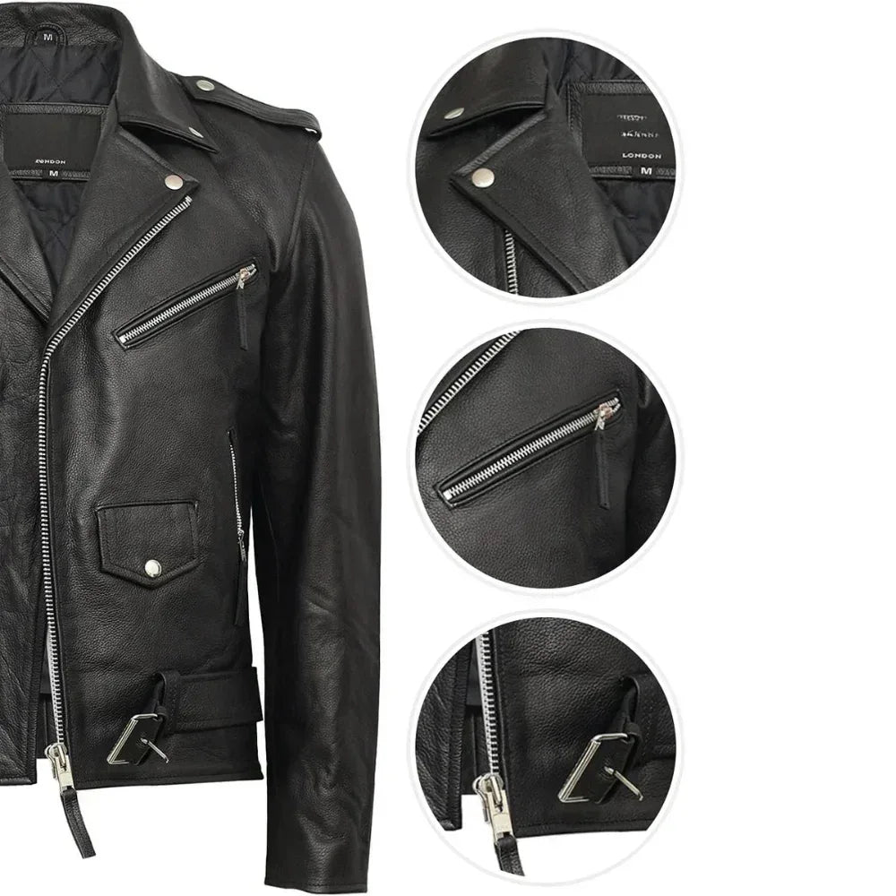 Negan Men's Black Asymmetrical Belted Biker Style Leather Jacket - USA Retro Hide