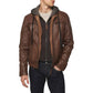 Men's Mocca Brown Leather Bomber Jacket with Removable Hood - USA Retro Hide