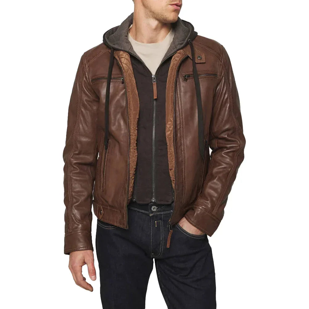 Men's Mocca Brown Leather Bomber Jacket with Removable Hood - USA Retro Hide