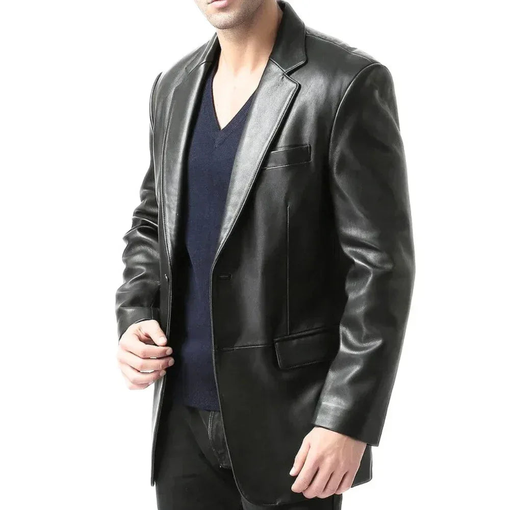Men's Black Two Button Real Leather Blazer Jacket - USA Retro Hide