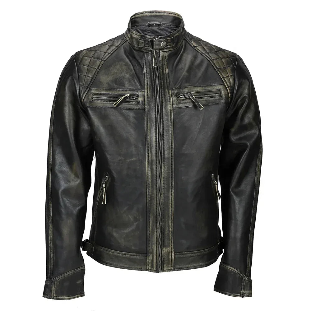 Mens Distressed Real Lambskin Black Leather Biker Jacket - USA Retro Hide