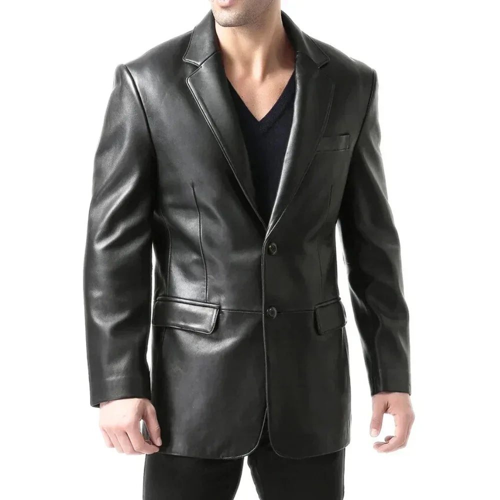 Men's Black Two Button Real Leather Blazer Jacket - USA Retro Hide