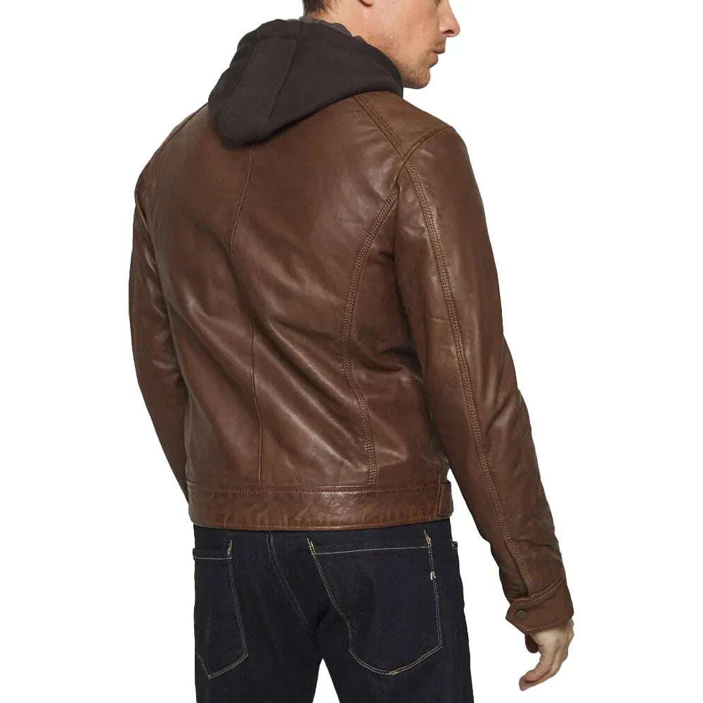 Men's Mocca Brown Leather Bomber Jacket with Removable Hood - USA Retro Hide