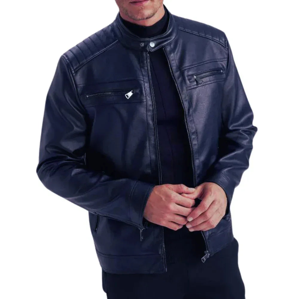 Mens Genuine Lambskin Blue Café Racer Leather Jacket - USA Retro Hide