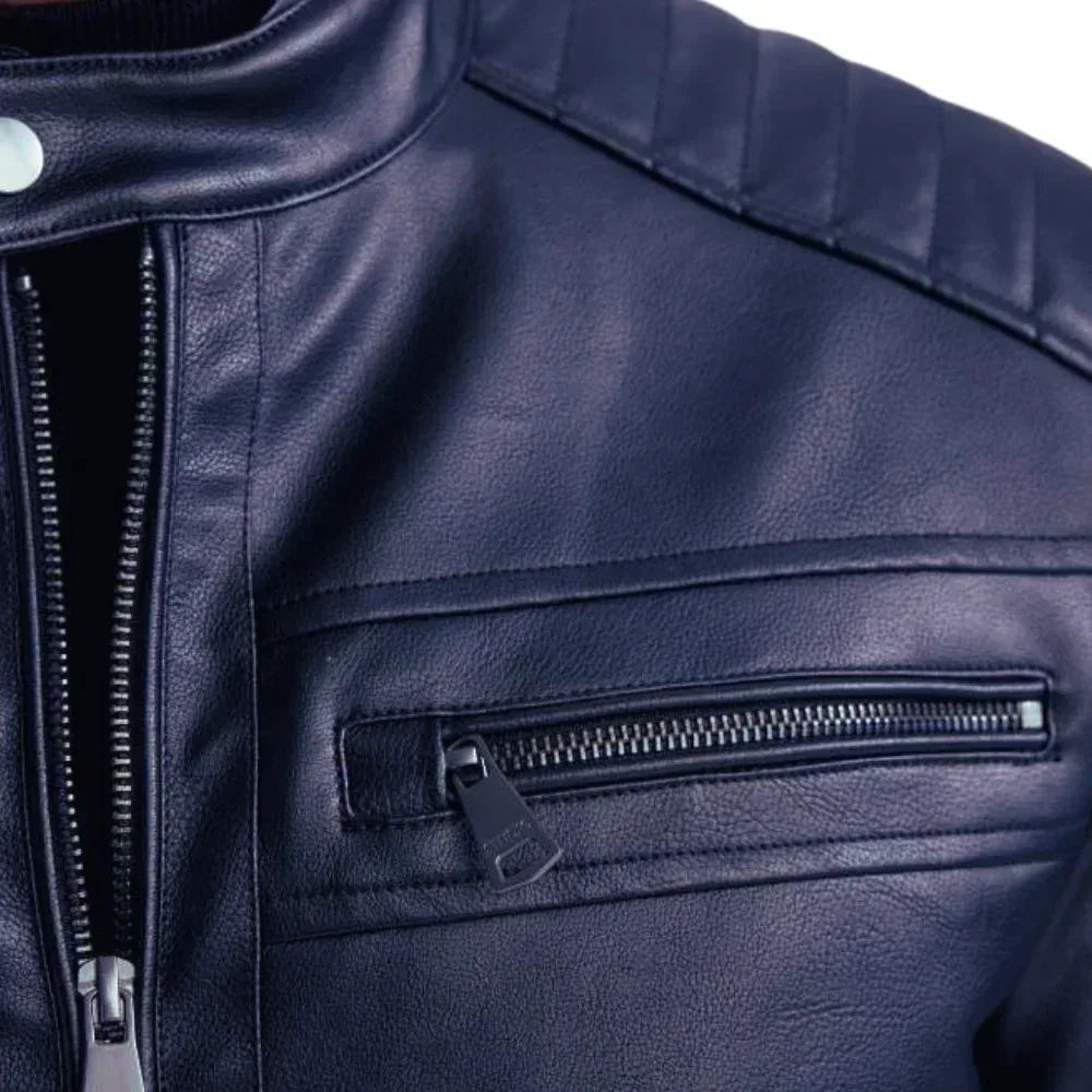 Mens Genuine Lambskin Blue Café Racer Leather Jacket - USA Retro Hide