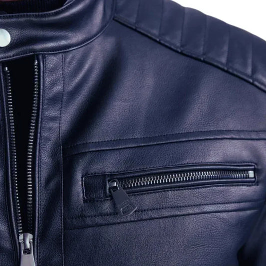 Mens Genuine Lambskin Blue Café Racer Leather Jacket - USA Retro Hide