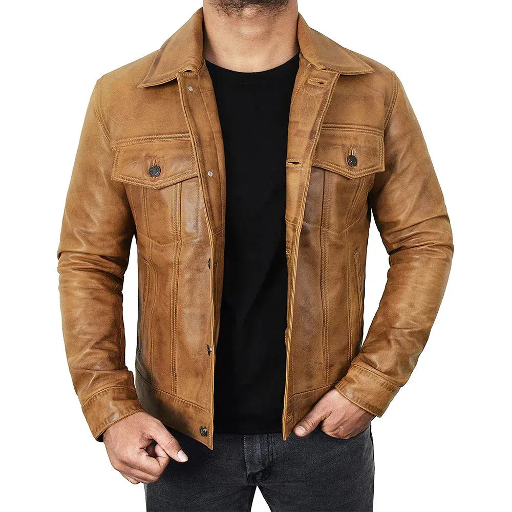 Men's Camel Brown Trucker Leather Jacket - USA Retro Hide