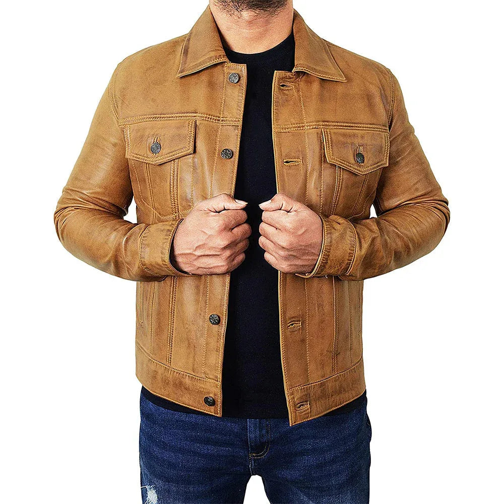 Men's Camel Brown Trucker Leather Jacket - USA Retro Hide
