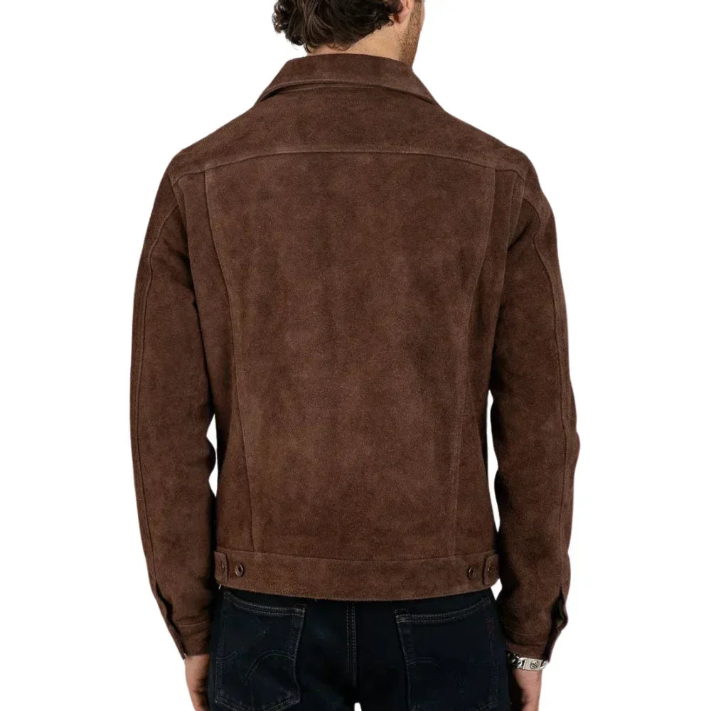 Men's Real Suede Dark Brown Trucker Style Jacket - USA Retro Hide