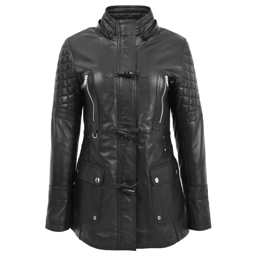 Women’s Sheepskin Black Leather Duffle Coat with Removable Sherpa Hood