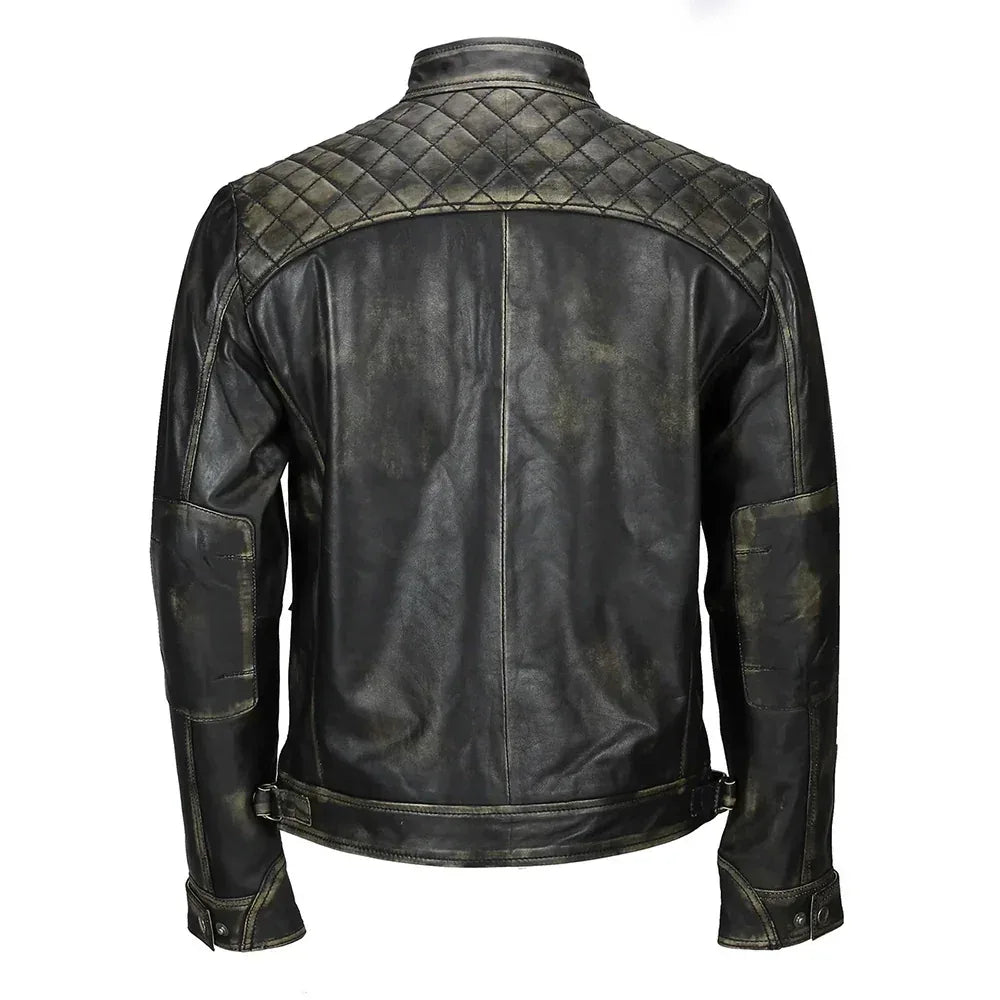 Mens Distressed Real Lambskin Black Leather Biker Jacket - USA Retro Hide