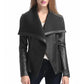 Women’s Asymmetrical Black Leather Jacket with Wool Blend Overlay