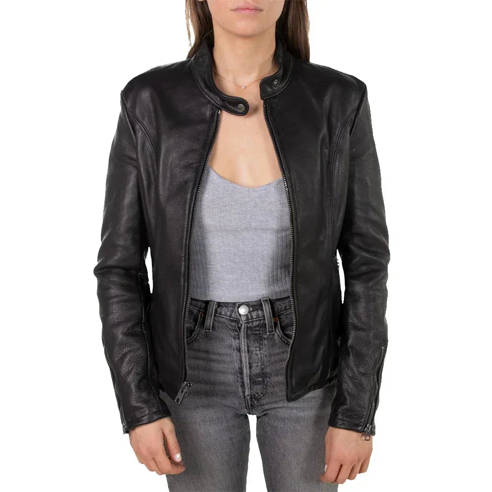 Women's Black Lambskin Leather Biker Style Jacket - USA Retro Hide