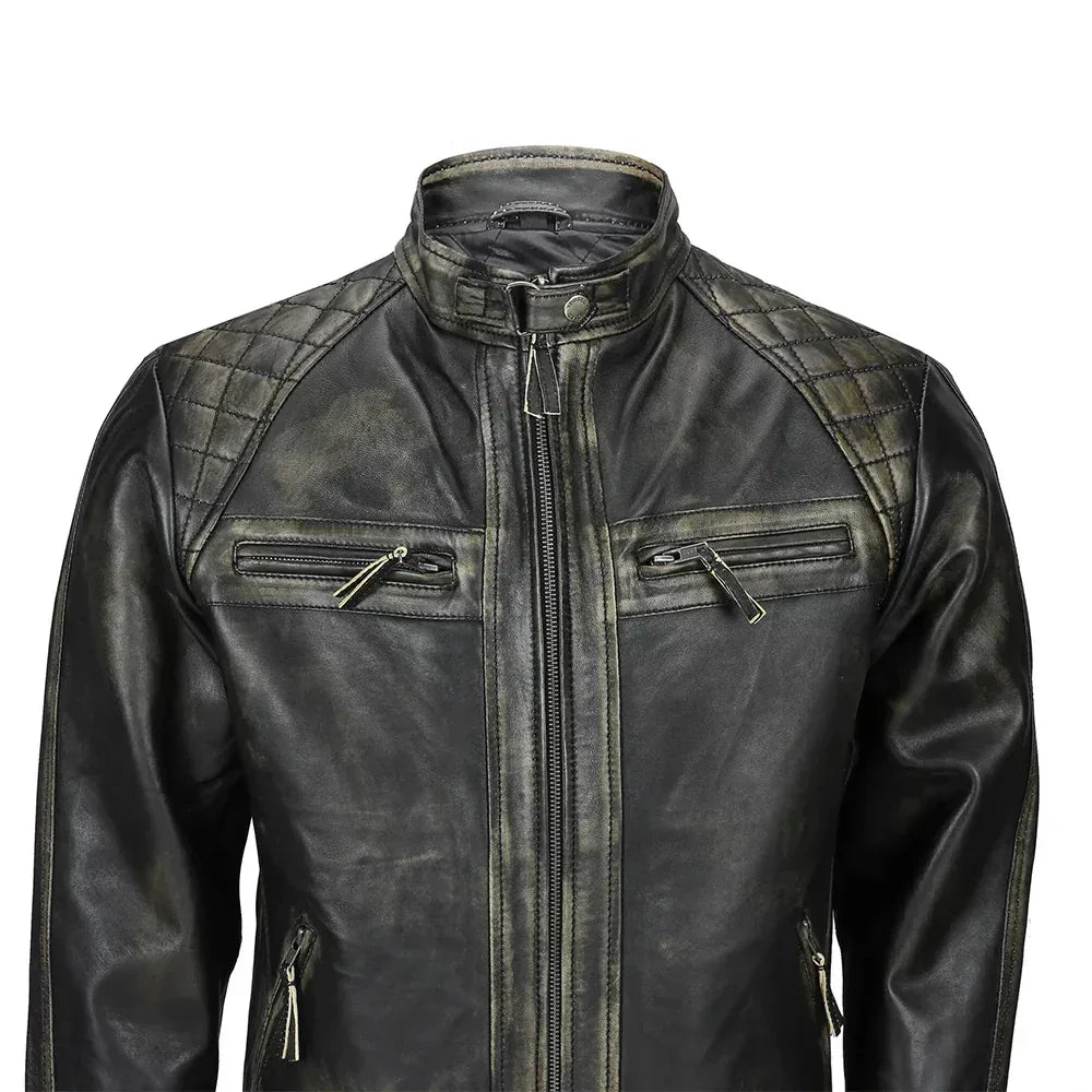 Mens Distressed Real Lambskin Black Leather Biker Jacket - USA Retro Hide