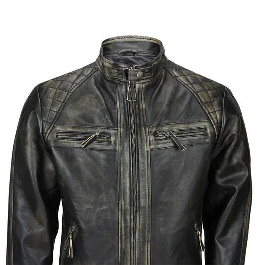 Mens Distressed Real Lambskin Black Leather Biker Jacket - USA Retro Hide