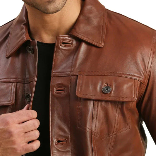 Mens Real Brown Leather Trucker - USA Retro Hide