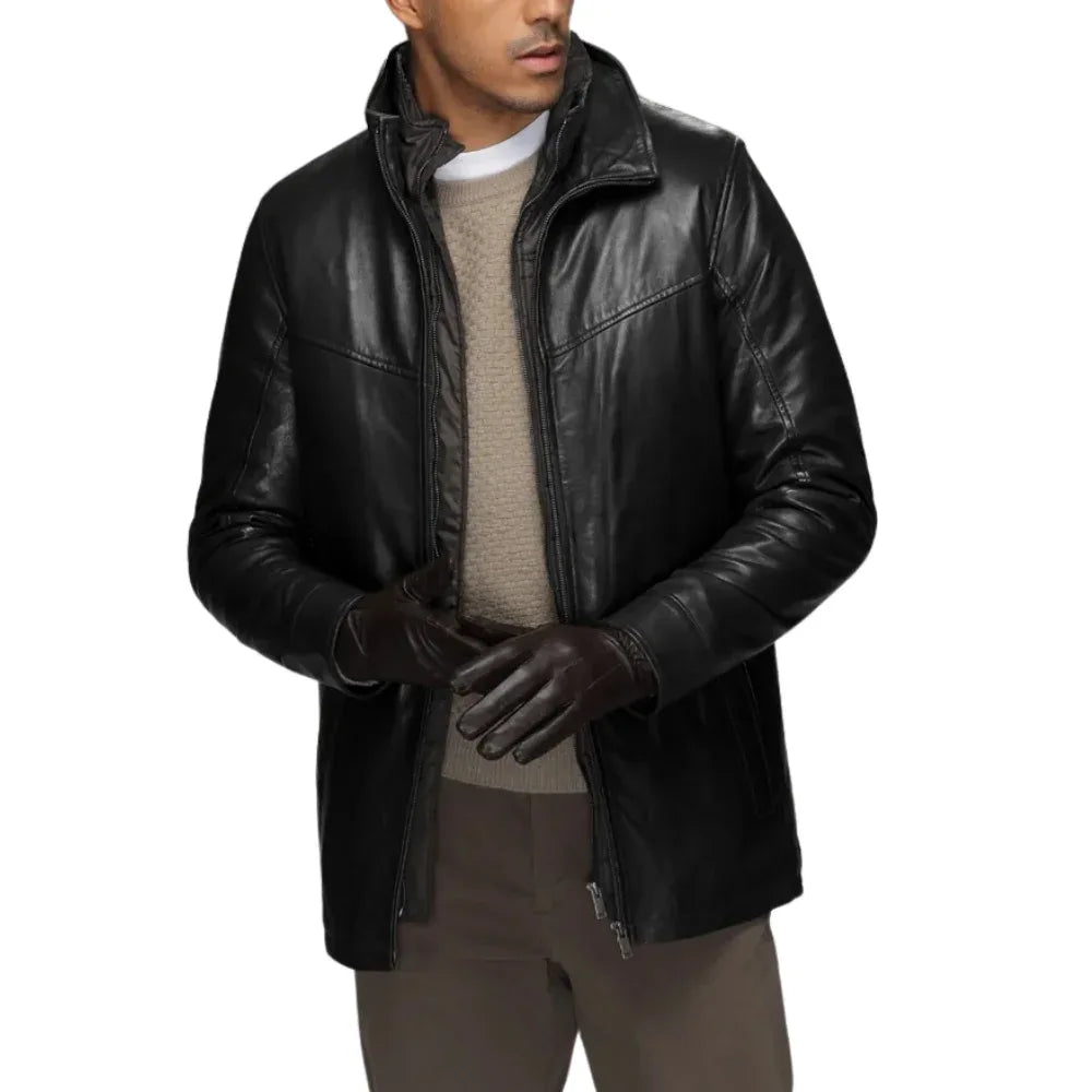 Men’s Genuine Lamb Leather Walking Coat with Detachable Quilted Vest - USA Retro Hide