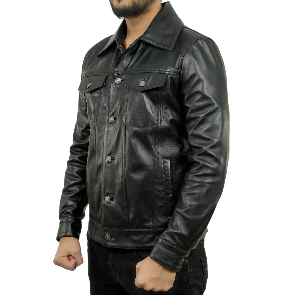 Mens Four Pockets Black Leather Trucker Jacket