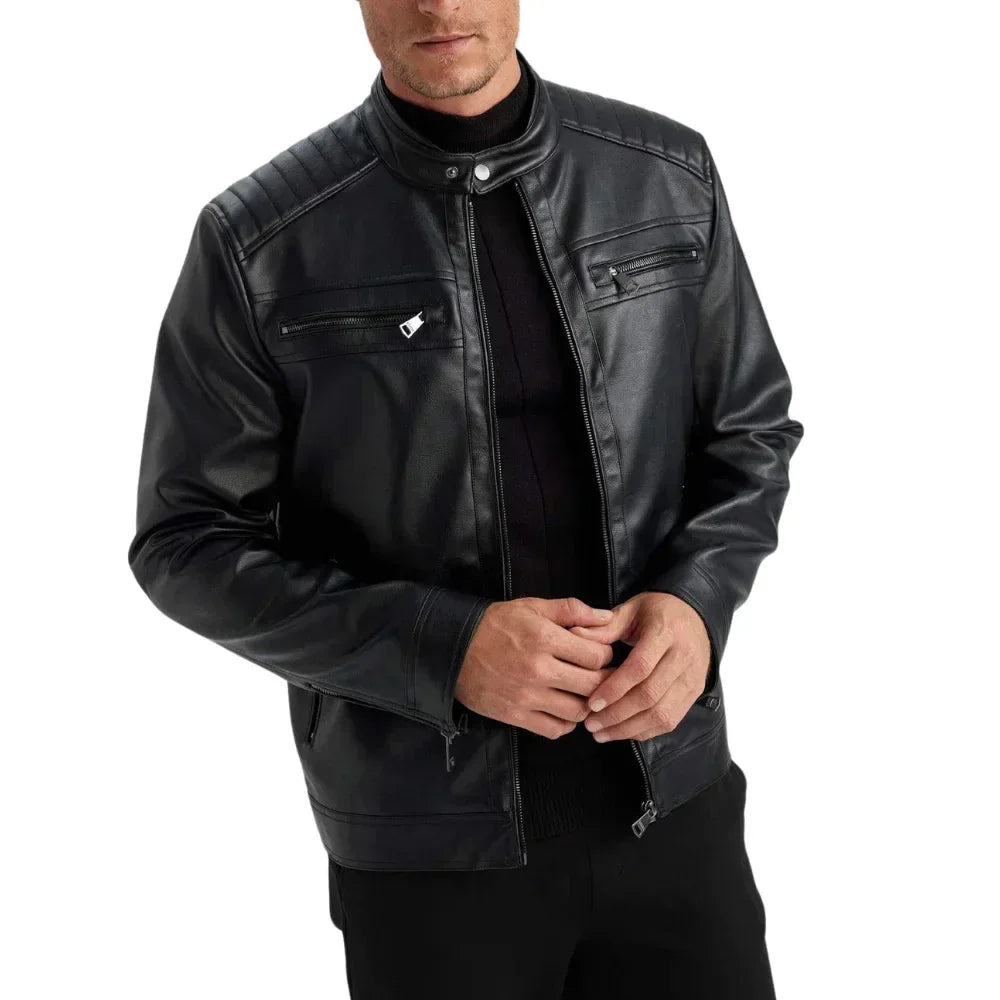 Men's Black Quilted Biker Leather Jacket - USA Retro Hide