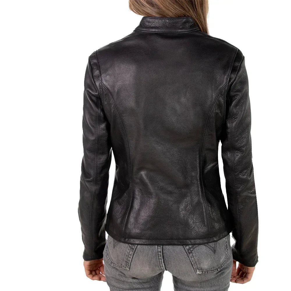 Women's Black Lambskin Leather Biker Style Jacket - USA Retro Hide