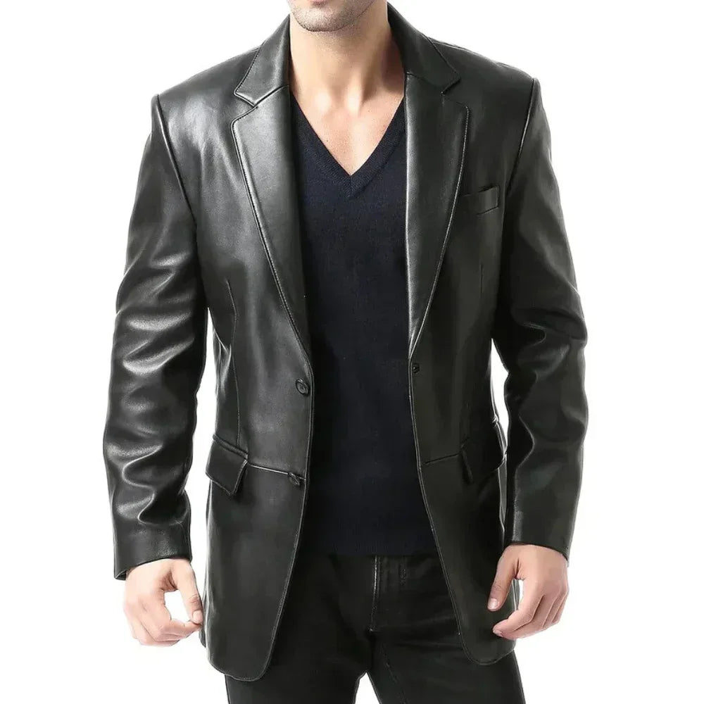 Men's Black Two Button Real Leather Blazer Jacket - USA Retro Hide