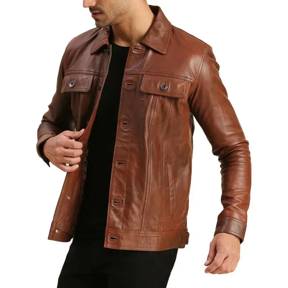 Mens Real Brown Leather Trucker - USA Retro Hide