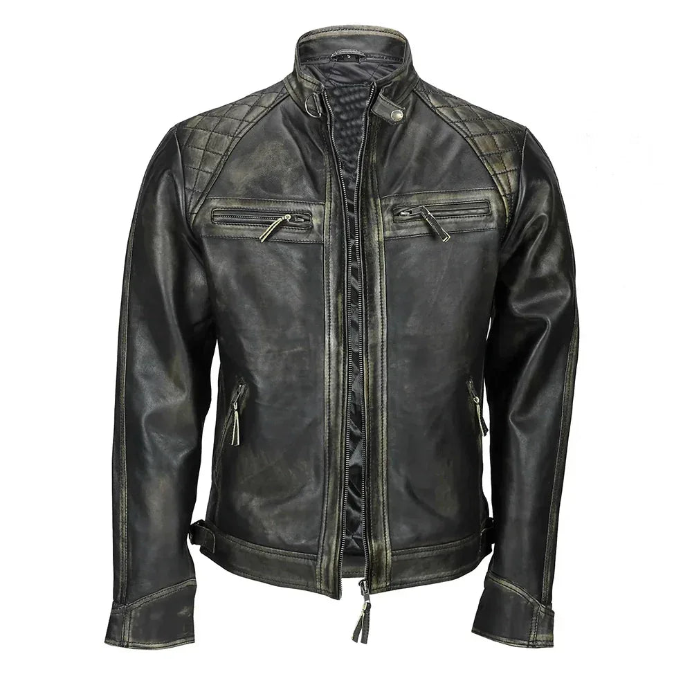 Mens Distressed Real Lambskin Black Leather Biker Jacket - USA Retro Hide