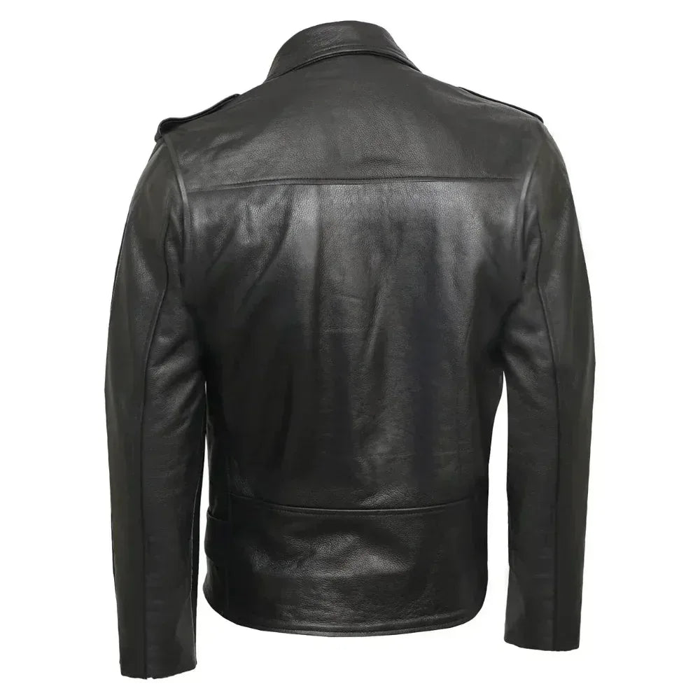 Negan Men's Black Asymmetrical Belted Biker Style Leather Jacket - USA Retro Hide